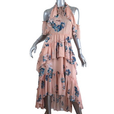 $750 Ulla Johnson Silk Blush and Blue Flutter Sleeve Ruffle V-Neck Dress