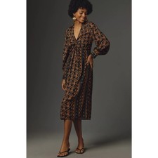 Women's Anthropologie Farm Rio Long-Sleeve V-Neck Printed Tie-Front Midi Dress