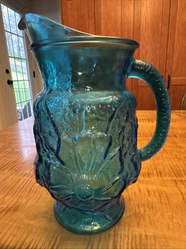 Vintage Rainflower Anchor Hocking Laser Blue Pitcher Embossed Flower 2 Quart