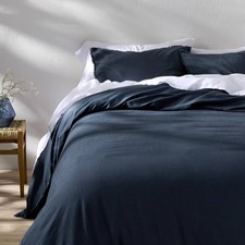 Full/Queen Heavyweight Linen Blend Duvet Cover and Sham Set Dark Mineral Blue