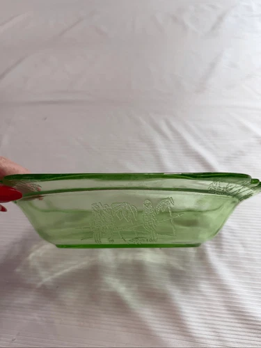 Vintage Federal Sylvan Uranium Green Depression Glass "Parrot & Bamboo" Platter
