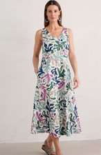 SEASALT Midi Dress Sky Beyond White Leaf Print V Neck Size 8 10 12 & 14 Pockets