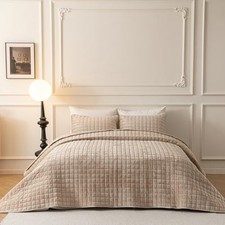 BOV Luxury Velvet Quilt and Sham Set, Cozy Queen Size Quilt Soft Comforter Se...