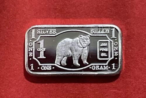 Solid Silver, 1 Gram Art Bar With Black Bear Image! Fine .999 Pure Silver!