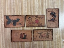 Antico lotto di cartoline in pelle 1906 (5)-con francobolli Ben Franklin da 1 centesimo-pirografia