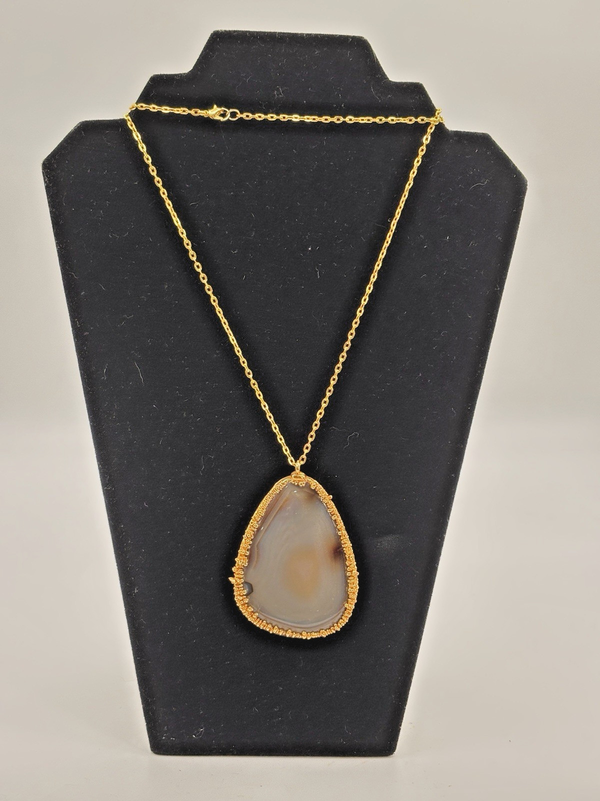 Handmade Polished Gray Agate Slice Statement Pend… - image 1