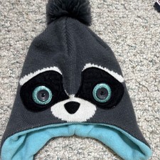 Gray Knit Raccoon Trapper Hat with Pom-Pom, Ear Flaps, Embroidered Accents