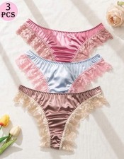 3Pr Glossy Smooth Butter 2nd Skin Satin  Lace Tanga Bikini Panties XL NEW