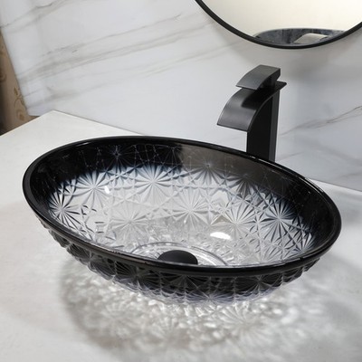 Clear Bathroom Vessel Sink 20'' Oval Tempered Glass Basin Bowl Combo Black Faucet