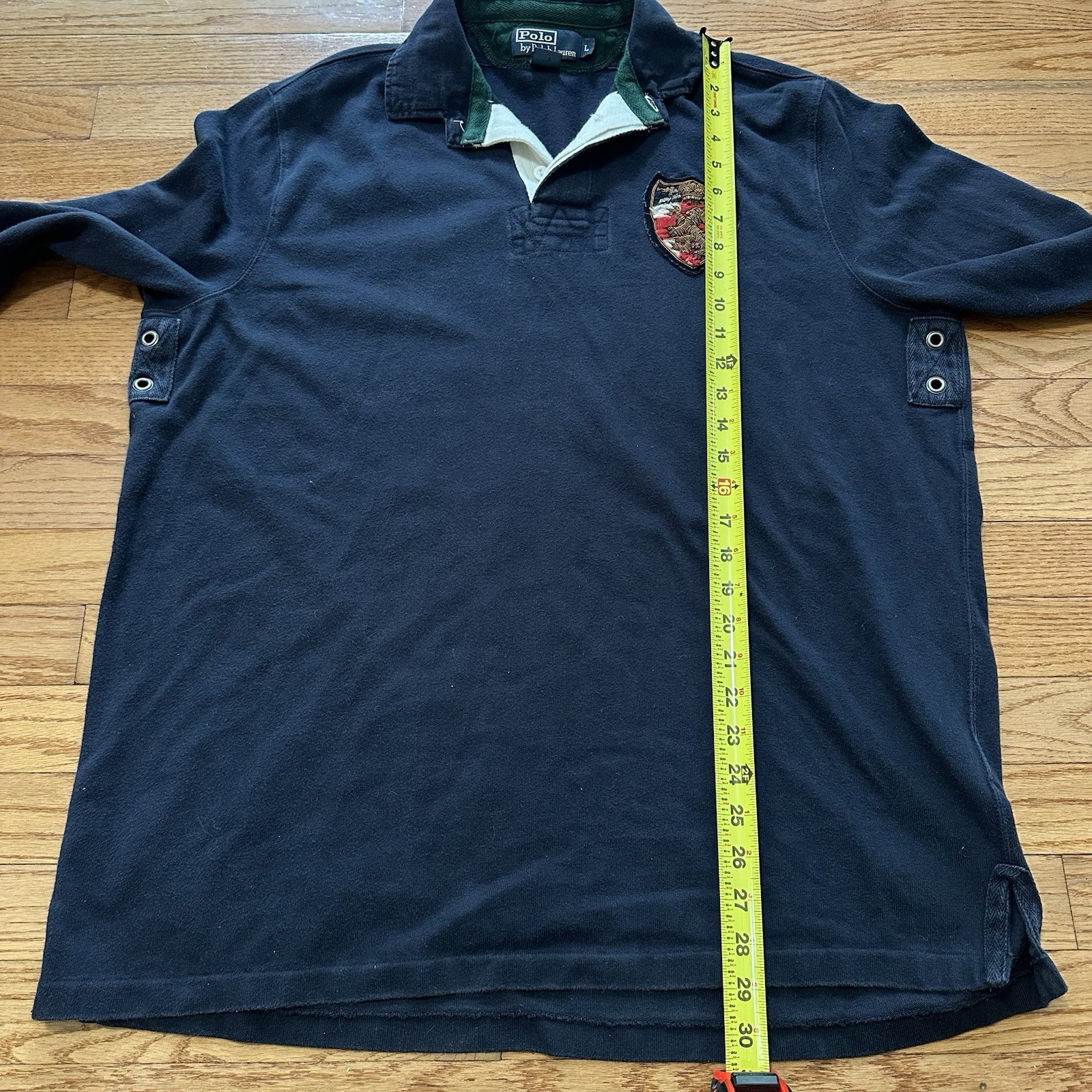 VTG Rare Polo Ralph Lauren Rugby Shirt Mens Large Embroidery Patch Navy PRLC image 8