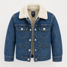 GAP Kids Sherpa Lined Denim Jacket Sz S 6-7 Winter Coat Blue Snap Girls Boys EUC