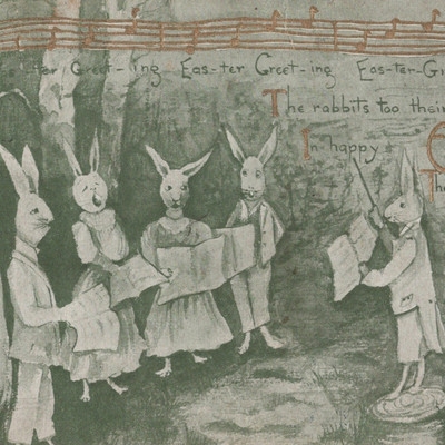 Easter Fantasy 1909 Postcard Music Singing Anthropomorphic Rabbits Old Choir VTG