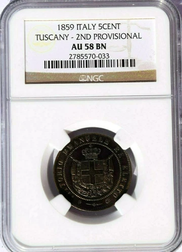 1859 Italy 5 Centesimi, NGC AU 58, KM-C83, Tuscany 2nd Provisional