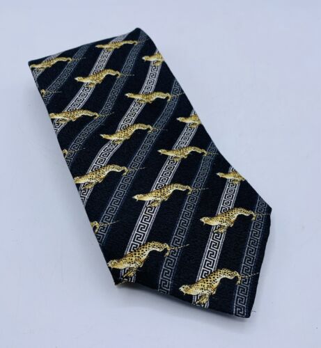 GIANNI VERSACE Silk Tie Cheetah with Slant Stripes Black Grey Gold 57L x 3.5W