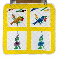 Handcrafted Quilt 19x19 In Mini Wall Art Placemat Bird Floral Yellow Cottagecore
