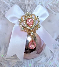 Shabby Victorian Chic Rose Pink Jeweled Vintage Brooch Glass Christmas Ornament