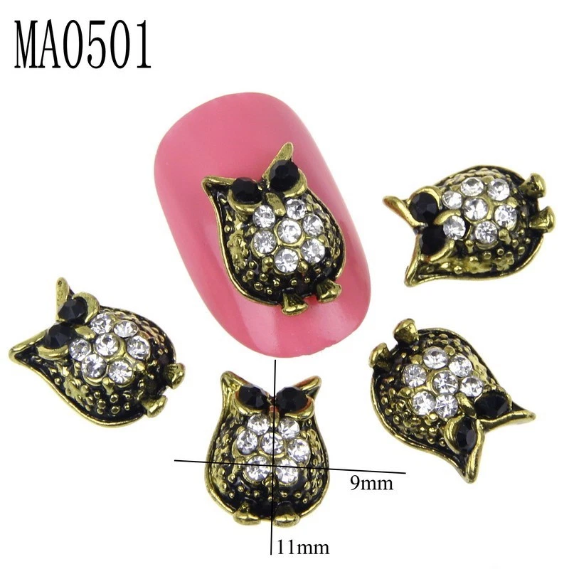 MARKENLOS 2 St. 3D Nagelschmuck Deko Nail Art Strass gold Eule schwarze Augen MA 0501