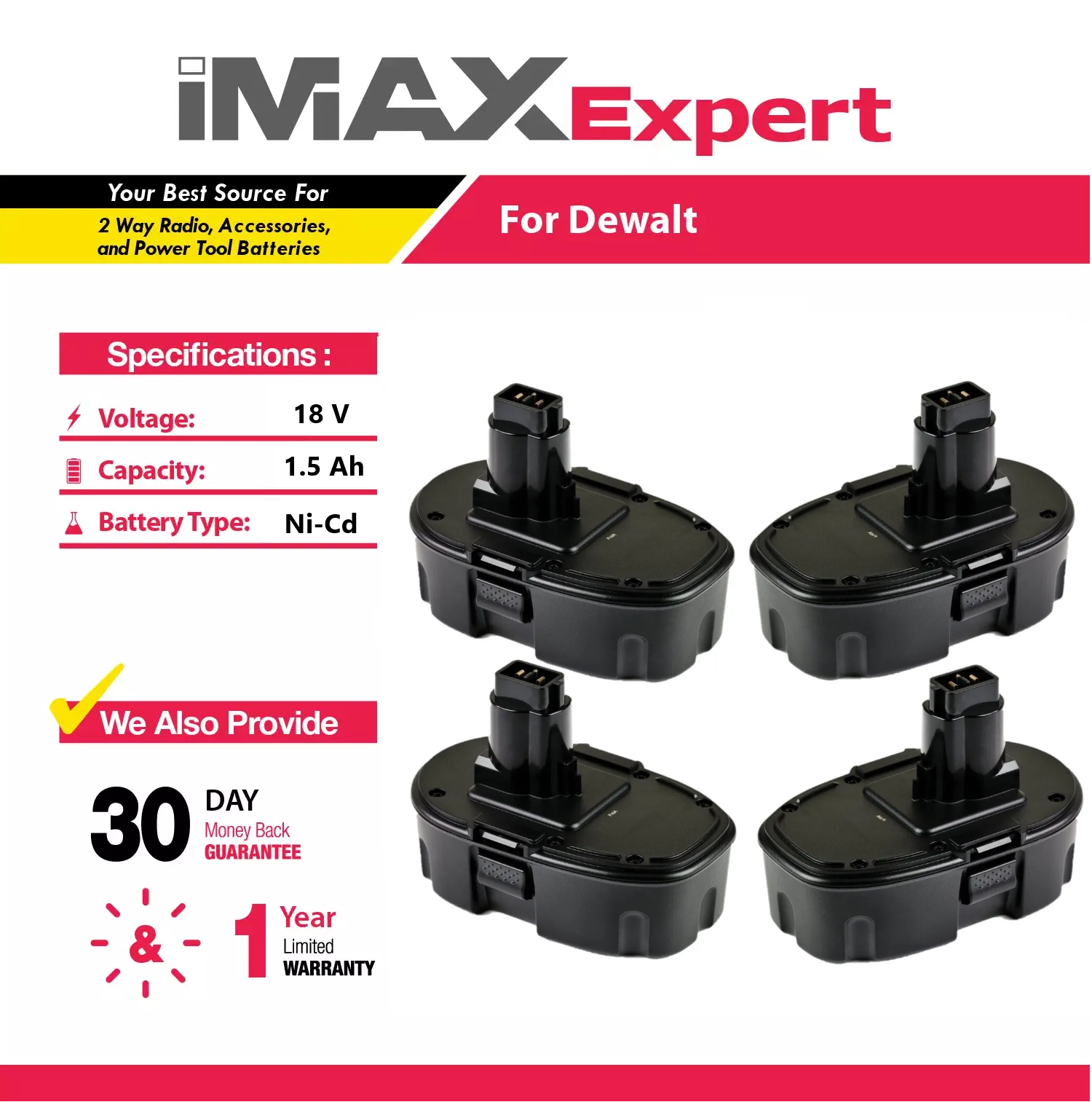 4x 18V 1.5Ah NiCd Battery for DeWalt DC9096 DW9095 DW9096 DW9098 DE9039