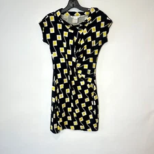 Diane von Furstenberg Silk Mini Sheath Dress Womens 4 Black Yellow Geometric