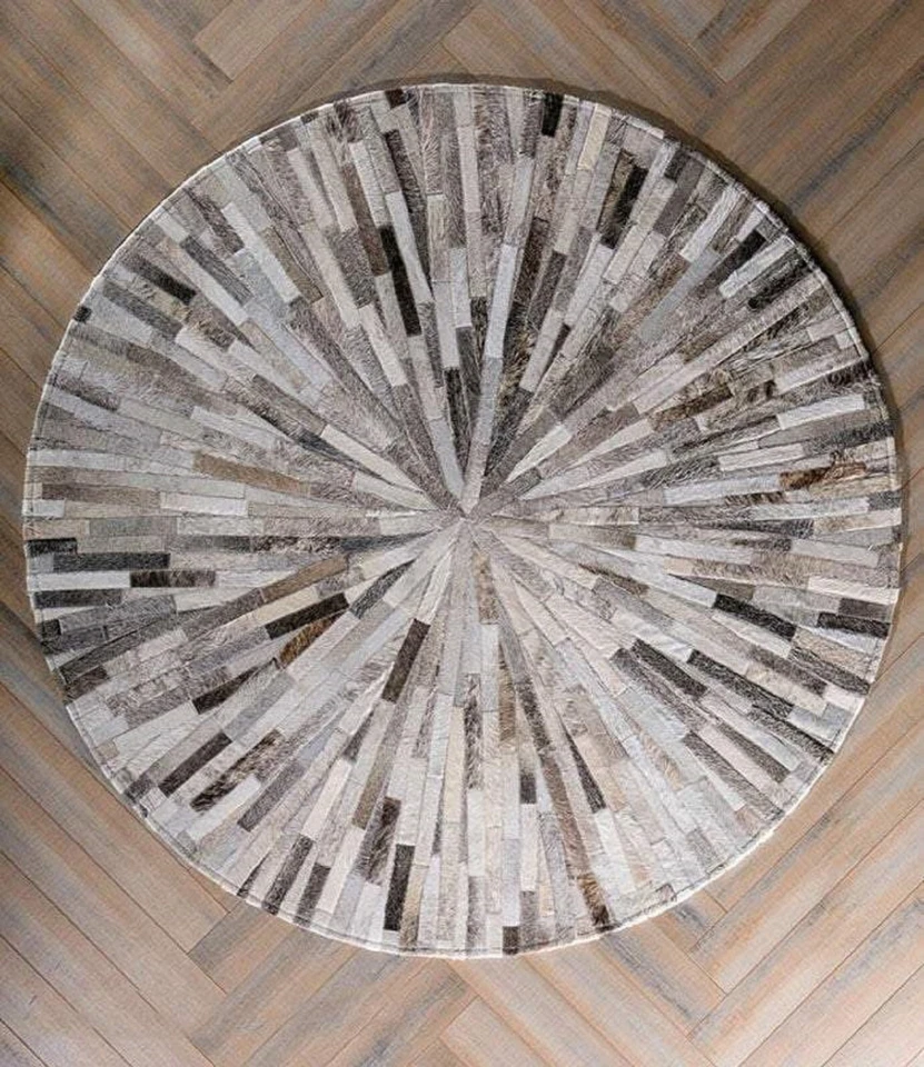 Novo Tapete Redondo de Couro de Vaca Feito à Mão Tapetes de Área de Patchwork Sala de Estar - Imagem 2 de 4