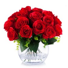 18 Heads Artificial Silk Rose Flower Arrangement in Glass Vase with Faux Water