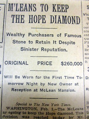 1912 NY Times newspaper THE HOPE DIAMOND 