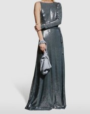 $545 Halston Women's Blue Sequin One Shoulder Self Tie Gown Dress Size 4