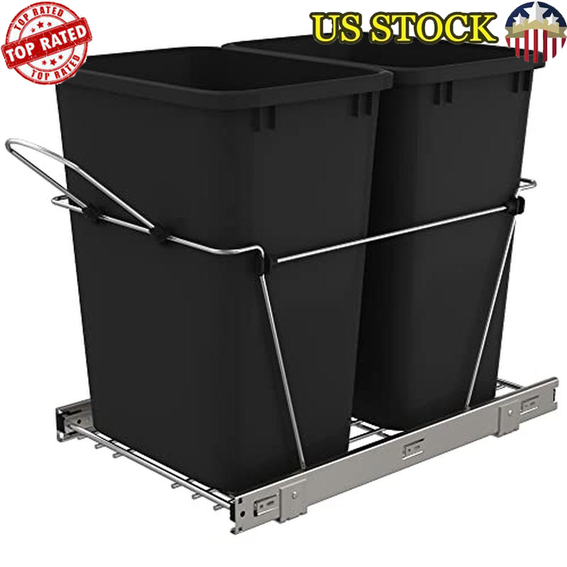 Under Cabinet Pullout Trash Bin 35Qt Heavy Duty Full Extension Slides Recycling