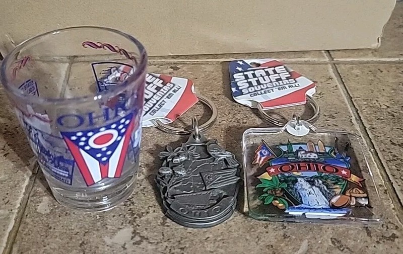  Lot Of 3 State Of Ohio  Items (2 Keychains And 1 Shot Glass)New Old Stock