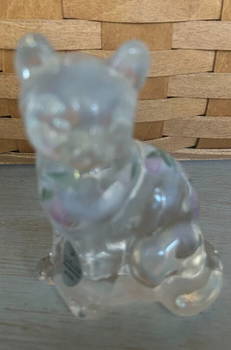 Fenton French Opalescent Glass Cat Figurine Hand Painted Pink Flowers