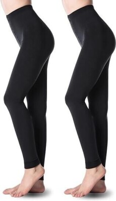 WAKUNA Strumpfhosen Fleece gefüttert ohne Fuß für Damen warm Winter 2 Paar