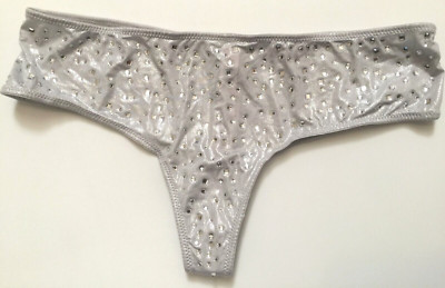 Victorias Secret Silver Sparkly Wide Side Thong Tanga Panties Size L Sequins NWT