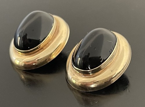 14K Solid Yellow Gold Large Oval Black Onyx Stud Earrings 6.4g - Picture 3 of 5
