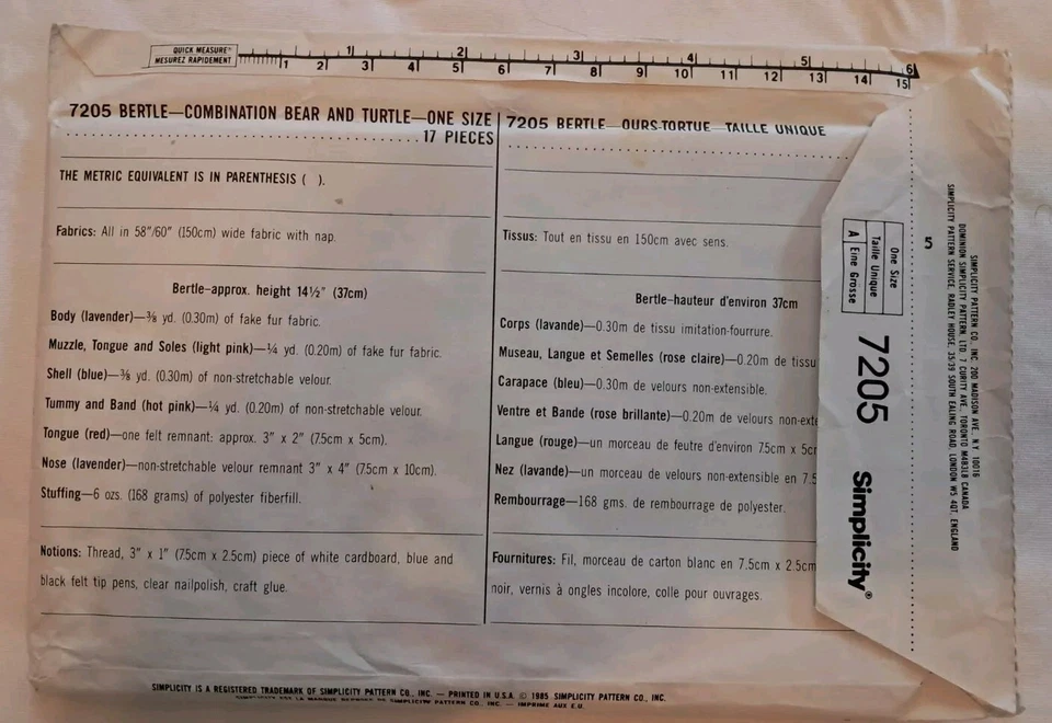 Simplicity Firffels 7205 Sewing Pattern UNCUT Bertle Bear Turtle - Image 2 of 3