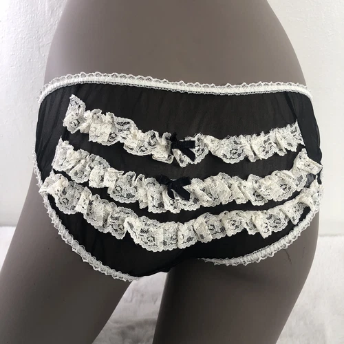 Vtg Loves Delight French Maid Panties Sheer Black White Lace Ruffle Rumba Small