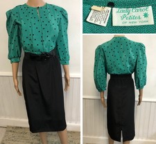 Vintage LADY CAROL Belted Midi Secretary Dress 12P Green/Black 3/4 Sleeve