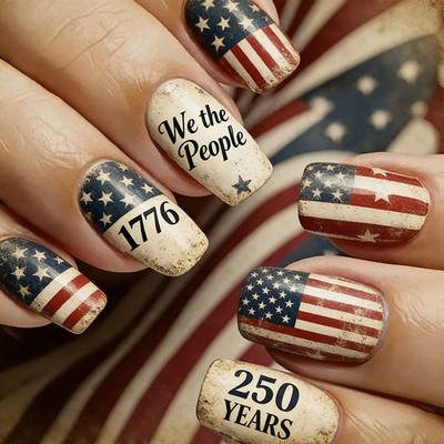 72pcs-4th of July Press on Nail, Short Square ''We The People'' & 1776 False Nails