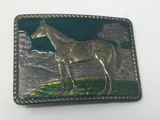 Vintage Horse Metal Buckle, Green Enamel 1979 Western 748 Great American