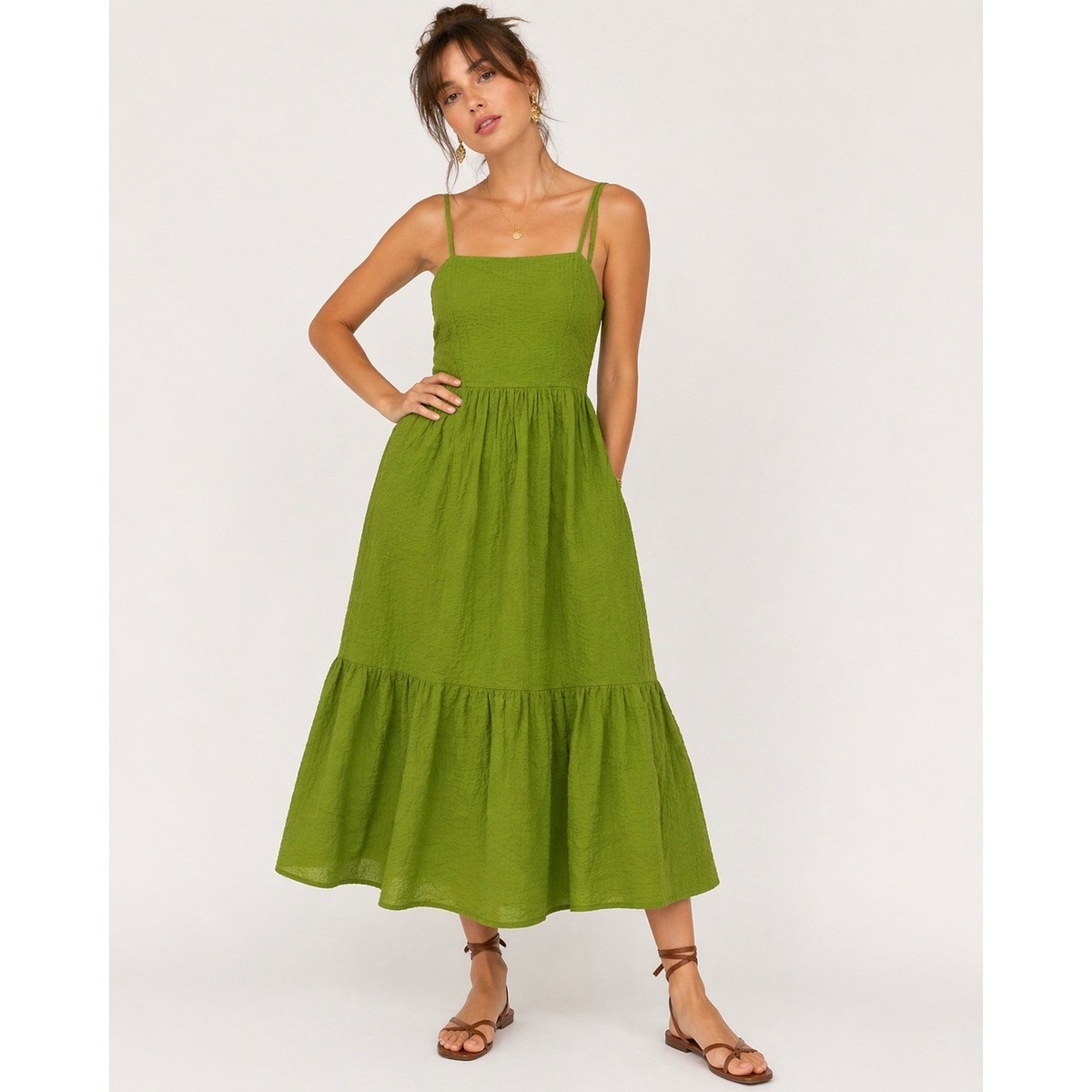 green tiered midi dress Teal Puff Sleeve Tiered Midi Dress main image 0