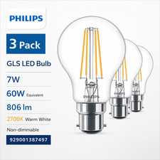 Philips B22 GLS Clear Filament LED Bulbs 7W 806lm 2700K Warm White 3 Pack