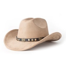 Western Cowboy Hat for Men Women Wide Brim Suede Medium Black Belt /Camel
