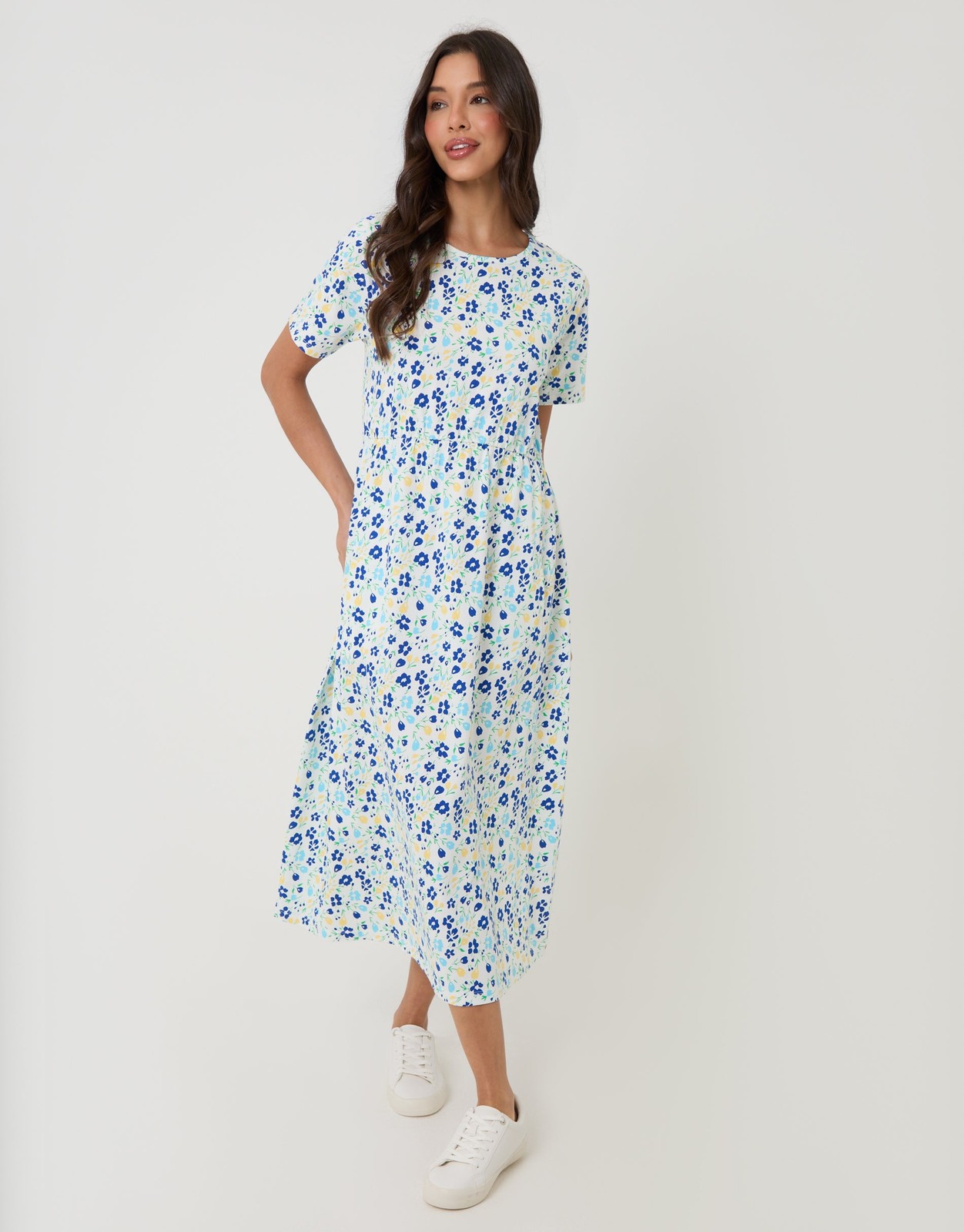 Threadbare Womens White Cotton Smock Midi Floral Short sleeved Dress