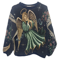 Vintage 90s Sugar Street Weavers Angel Tapestry Sweater Navy One Size USA Made