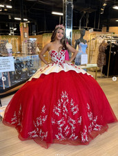 Mexican Quinceanera Dresses Red 3D Flowers Sweet 16 Birthdat Party Ball Gown