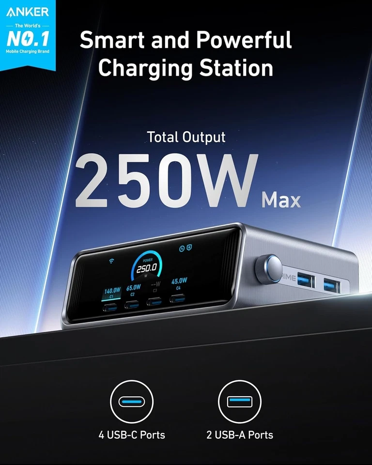 Anker Prime 250W USB-C Charger 6-Port GaN Charging Station Smart Control Dial - image 2 of 4