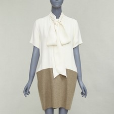 OLD CELINE Phoebe Philo cream taupe silk wool felt drop waist shirt dress FR38 M