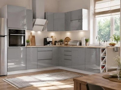 Eckküche ASPEN 270x240 cm Küchenzeile lackierte MDF Grau L-Form 14-teiliges Set