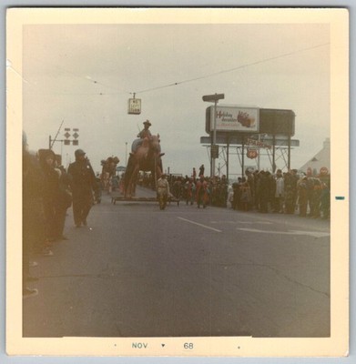 Vtg Color Snapshot Parade With Large Camel Float Crowd Phillips 66 Sign 1968