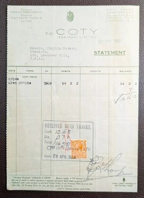 1934 Coty Perfume Manufacturer Lavender Hill London Invoice
