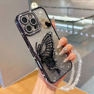 Diamond Quicksand Butterfly Holder Case For Various Phone Flash Cover +Chain Hot